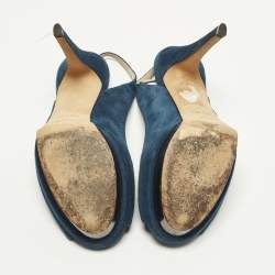 Pre Owned Jimmy Choo Aadi Size 38 Navy Blue Suede Platform  Slingback Pumps