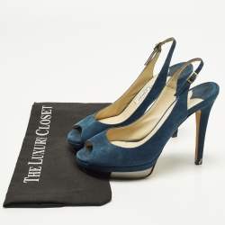 Pre Owned Jimmy Choo Aadi Size 38 Navy Blue Suede Platform  Slingback Pumps