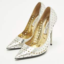 Pre Owned Jimmy Choo Romy Size 38.5 Silver Leather Pumps