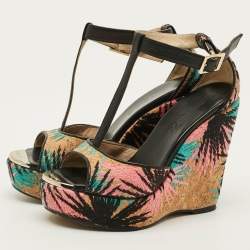 Pre Owned Jimmy Choo Size 37 Multicolor Cork And Leather Cork Wedge Sandals