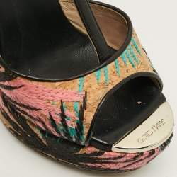 Pre Owned Jimmy Choo Size 37 Multicolor Cork And Leather Cork Wedge Sandals