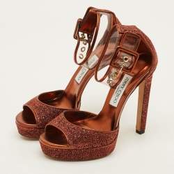 Pre Owned Jimmy Choo Moscow Size 38.5 Metallic Lurex Fabric and PVC Ankle Strap Sandals