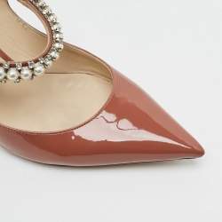 مملوكة مسبقًا Jimmy Choo Bing 65 Size 38 Brown Patent Leather Crystal Embellished Mules