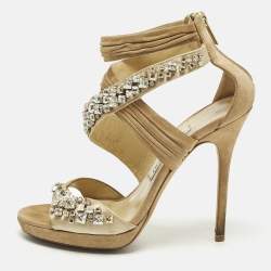 Pre Owned Jimmy Choo  Size 38 Beige Suede Crystal Embellished  Ankle Strap Sandals