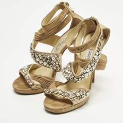 Pre Owned Jimmy Choo  Size 38 Beige Suede Crystal Embellished  Ankle Strap Sandals