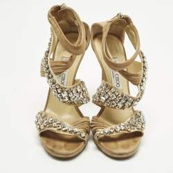 Pre Owned Jimmy Choo  Size 38 Beige Suede Crystal Embellished  Ankle Strap Sandals