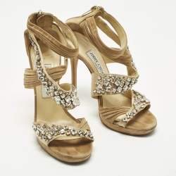 Pre Owned Jimmy Choo  Size 38 Beige Suede Crystal Embellished  Ankle Strap Sandals