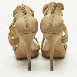 Pre Owned Jimmy Choo  Size 38 Beige Suede Crystal Embellished  Ankle Strap Sandals