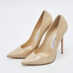 Pre Owned حذاء كعب عالي جيمي تشو لوف مقدمة مدببة جلد لامع بيج مقاس 36