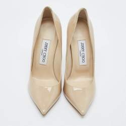 Pre Owned حذاء كعب عالي جيمي تشو لوف مقدمة مدببة جلد لامع بيج مقاس 36