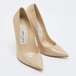 Pre Owned حذاء كعب عالي جيمي تشو لوف مقدمة مدببة جلد لامع بيج مقاس 36