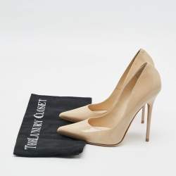 Pre Owned حذاء كعب عالي جيمي تشو لوف مقدمة مدببة جلد لامع بيج مقاس 36