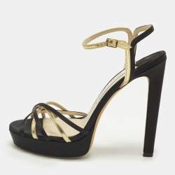 Pre Owned Jimmy Choo Size 39 Black/Gold Satin and Leather Ankle Strap Sandals