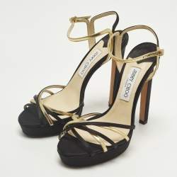 Pre Owned Jimmy Choo Size 39 Black/Gold Satin and Leather Ankle Strap Sandals