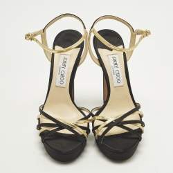 Pre Owned Jimmy Choo Size 39 Black/Gold Satin and Leather Ankle Strap Sandals