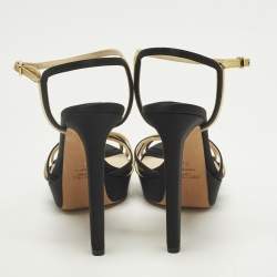 Pre Owned Jimmy Choo Size 39 Black/Gold Satin and Leather Ankle Strap Sandals