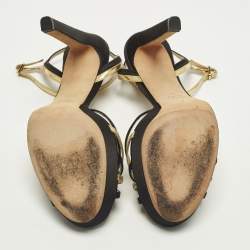 Pre Owned Jimmy Choo Size 39 Black/Gold Satin and Leather Ankle Strap Sandals