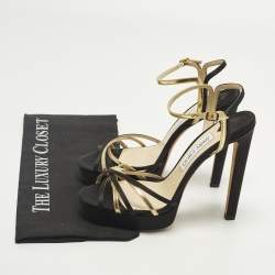Pre Owned Jimmy Choo Size 39 Black/Gold Satin and Leather Ankle Strap Sandals