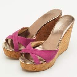 Pre Owned Jimmy Choo Prima Size 38 Pink Suede Cork Platform Wedge Slide Sandals