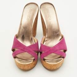 Pre Owned Jimmy Choo Prima Size 38 Pink Suede Cork Platform Wedge Slide Sandals