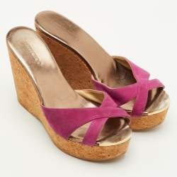 Pre Owned Jimmy Choo Prima Size 38 Pink Suede Cork Platform Wedge Slide Sandals