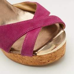 Pre Owned Jimmy Choo Prima Size 38 Pink Suede Cork Platform Wedge Slide Sandals