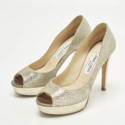 Pre Owned حذاء كعب عالي جيمي تشو قماش غليتر ذهبي معدني مفتوح من الأمام منصة مقاس 38.5