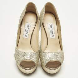 Pre Owned حذاء كعب عالي جيمي تشو قماش غليتر ذهبي معدني مفتوح من الأمام منصة مقاس 38.5