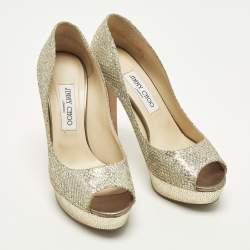 Pre Owned حذاء كعب عالي جيمي تشو قماش غليتر ذهبي معدني مفتوح من الأمام منصة مقاس 38.5