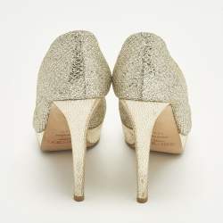 Pre Owned حذاء كعب عالي جيمي تشو قماش غليتر ذهبي معدني مفتوح من الأمام منصة مقاس 38.5