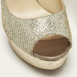 Pre Owned حذاء كعب عالي جيمي تشو قماش غليتر ذهبي معدني مفتوح من الأمام منصة مقاس 38.5