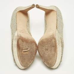 Pre Owned حذاء كعب عالي جيمي تشو قماش غليتر ذهبي معدني مفتوح من الأمام منصة مقاس 38.5