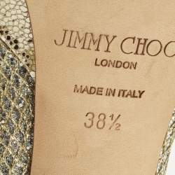 Pre Owned حذاء كعب عالي جيمي تشو قماش غليتر ذهبي معدني مفتوح من الأمام منصة مقاس 38.5