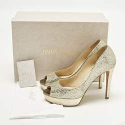 Pre Owned حذاء كعب عالي جيمي تشو قماش غليتر ذهبي معدني مفتوح من الأمام منصة مقاس 38.5