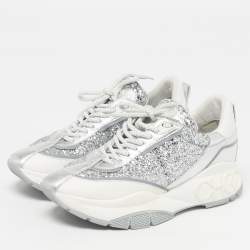 Pre Owned حذاء رياضي جيمي تشو جلد وغليتر فضي/أبيض بعنق منخفض مقاس 39