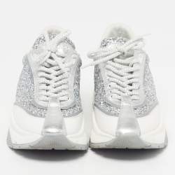 Pre Owned حذاء رياضي جيمي تشو جلد وغليتر فضي/أبيض بعنق منخفض مقاس 39