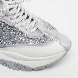 Pre Owned حذاء رياضي جيمي تشو جلد وغليتر فضي/أبيض بعنق منخفض مقاس 39