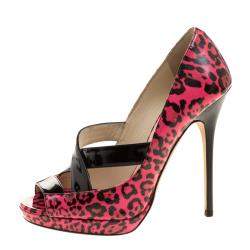 Pre Owned حذاء كعب عالي جيمي تشو جيستور جلد لامع نقشة الفهد وردية نعل سميك مقاس 36