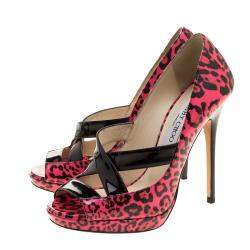 Pre Owned حذاء كعب عالي جيمي تشو جيستور جلد لامع نقشة الفهد وردية نعل سميك مقاس 36