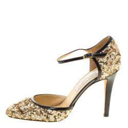 Jimmy Choo Metallic Gold Sequin and Leather Tessa Ankle Strap Sandals Size 36.5