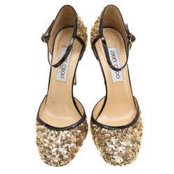 Jimmy Choo Metallic Gold Sequin and Leather Tessa Ankle Strap Sandals Size 36.5