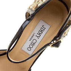 Jimmy Choo Metallic Gold Sequin and Leather Tessa Ankle Strap Sandals Size 36.5