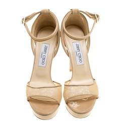 Jimmy Choo Beige Lace Kayden Ankle Strap Platform Sandals Size 38