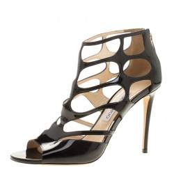 Jimmy Choo Black Patent Leather Ren Cut Out Peep Toe Sandals Size 40