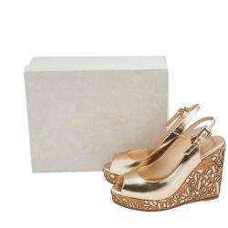 Pre Owned Jimmy Choo Metallic Gold Leather Prova Laser Cut Cork Wedge Sandals Size 40