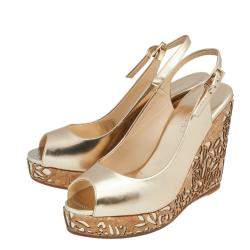 Pre Owned Jimmy Choo Metallic Gold Leather Prova Laser Cut Cork Wedge Sandals Size 40