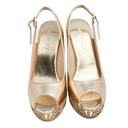 Pre Owned Jimmy Choo Metallic Gold Leather Prova Laser Cut Cork Wedge Sandals Size 40