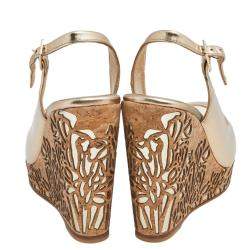 Pre Owned Jimmy Choo Metallic Gold Leather Prova Laser Cut Cork Wedge Sandals Size 40