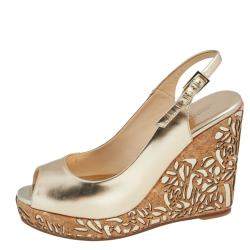 Pre Owned Jimmy Choo Metallic Gold Leather Prova Laser Cut Cork Wedge Sandals Size 40