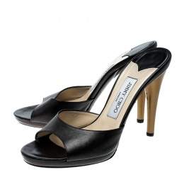 مملوكة مسبقًا Jimmy Choo Black Leather Peep Toe Slides Size 38